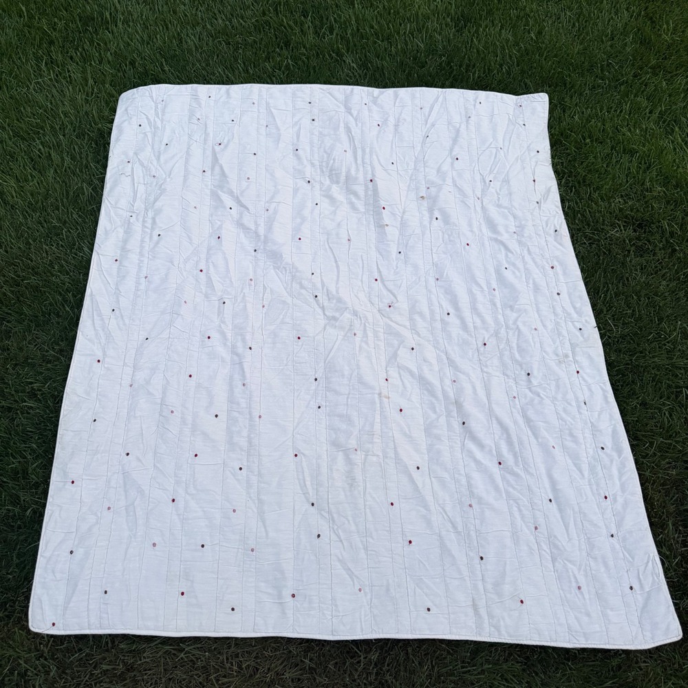 B+ Vintage White Quilted Throw Blanket with Colorful Embroidered Dots 55x46